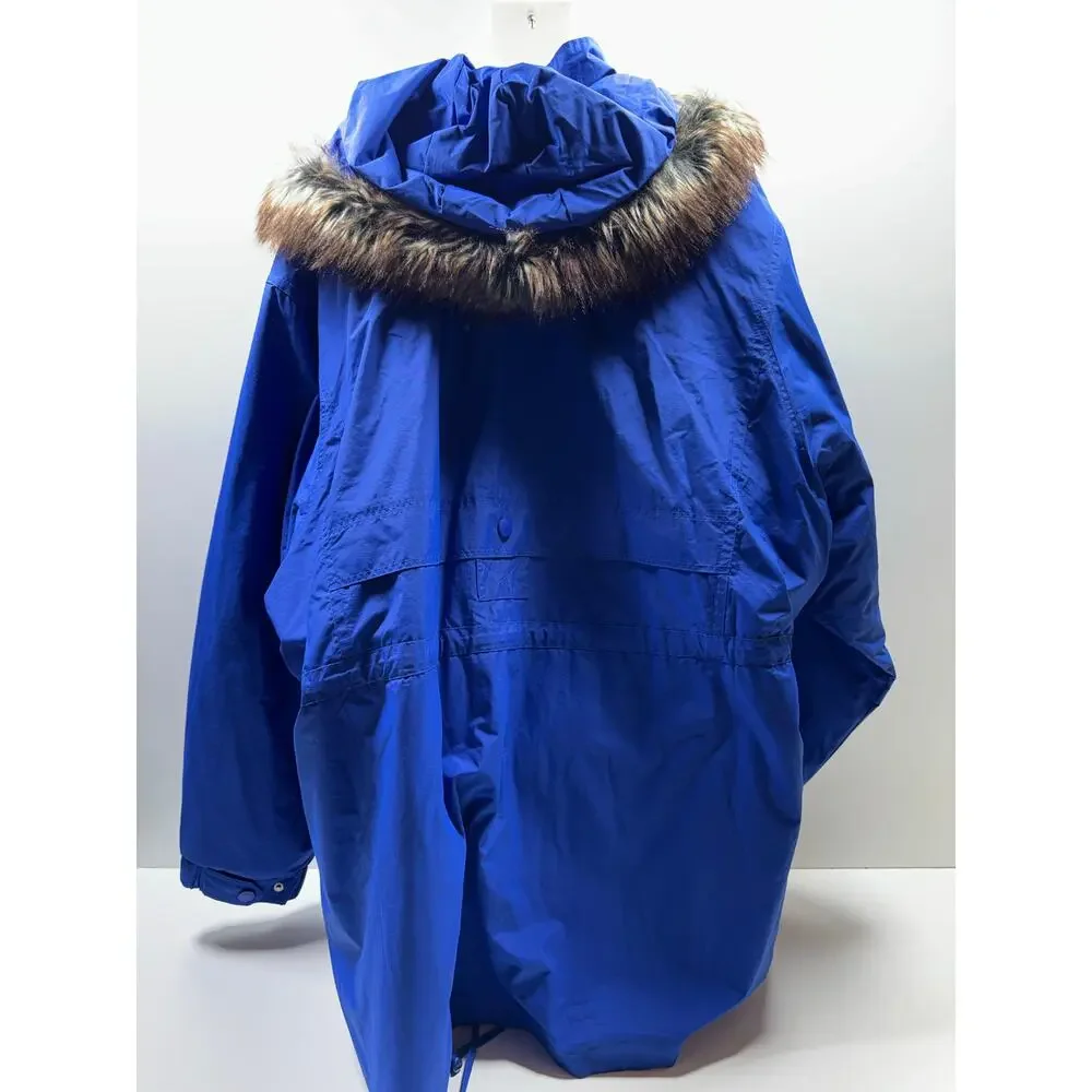 Woman Within Plus Sz Parka Sz 5X 38/40 Blue Full Zip Faux Fur Hood Quilted Liner